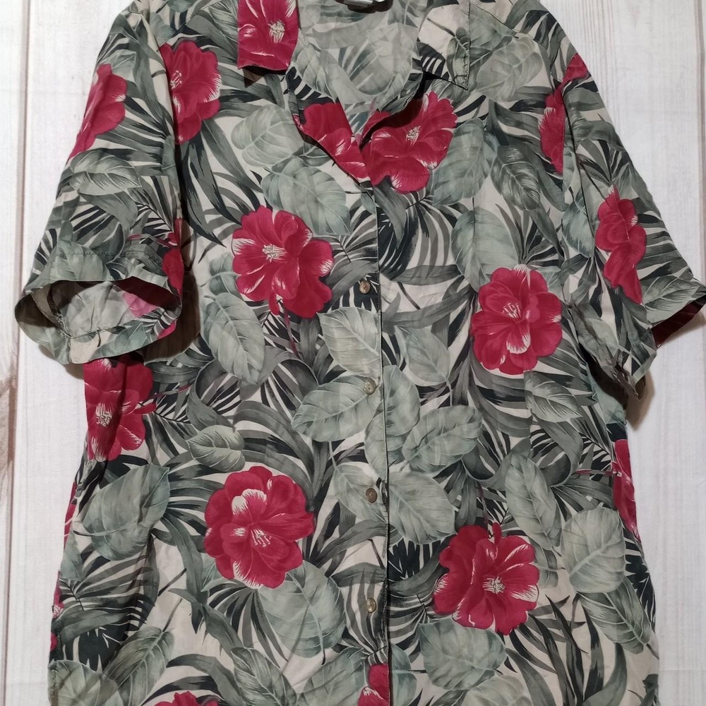 Dress Barn Woman 100% Silk Tropical Floral Button Down Shirt Red Green 2X